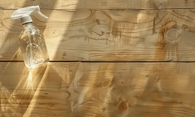 Bouteille de spray transparente avec un liquide et des bulles, posée sur des planches de bois clair. Idéal pour blanchir du bois.