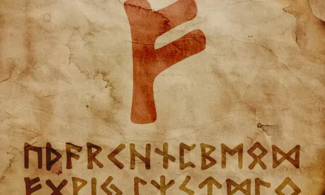 Runa Fehu, jak zrobić, na starym pergaminie. Widoczne runy F, U, TH, A, R, K, N, H, I, J, P, Z, S, T, B, E, M, L, NG, D, O.