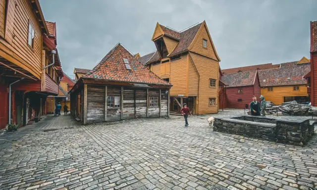 Bruggen w Bergen, Norwegia, z brukowanym placem i kolorowymi drewnianymi budynkami. Spacer z psem po urokliwych uliczkach.