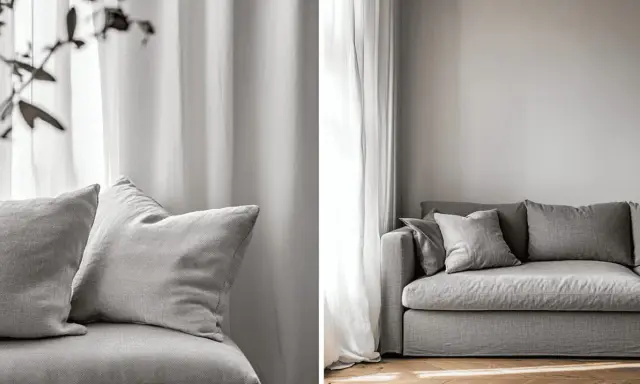 En grå, nopprig soffa med mjuka kuddar framför ett ljust draperi. En inbjudande sittplats för avkoppling.