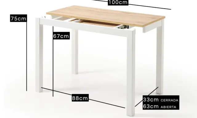 Mesa extensible blanca con tapa de madera. Muestra cómo abrirla, con medidas de alto (75cm), ancho cerrado (67cm) y abierto (100cm).