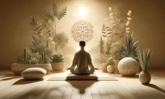 En person mediterar i lotusställning, omgiven av växter och en mandala. En bild som påminner om buddhismens ursprung och dess lugnande kraft.