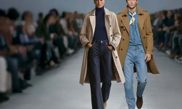 Para modeli na wybiegu w płaszczach i jeansach, z rozmytym tłem.