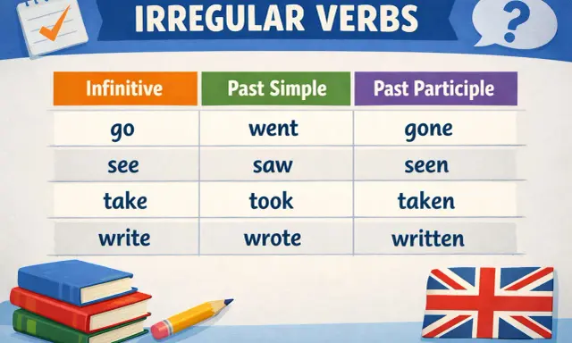 Tabela czasowników nieregularnych: infinitive, past simple, past participle. Czasownik "take" ma formy: take, took, taken.