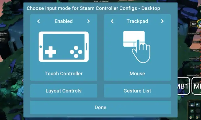 Wybór trybu sterowania dla gry tft na telefon: Touch Controller lub Mouse.