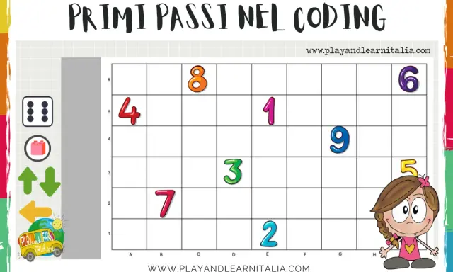 Gioco per imparare il coding online gratis: una griglia con numeri e icone per muoversi.