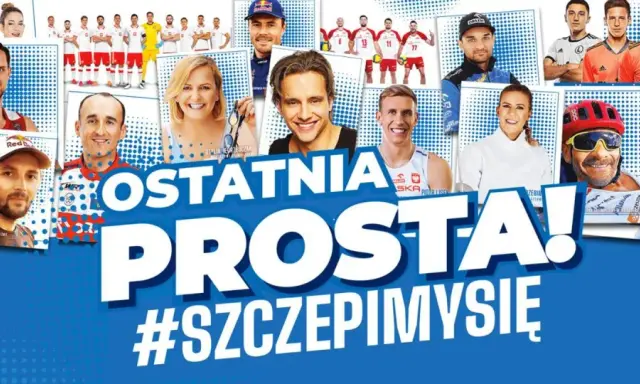 Kolaż zdjęć znanych Polaków, sportowców i celebrytów, z hasłem "Ostatnia prosta! #szczepimysię".