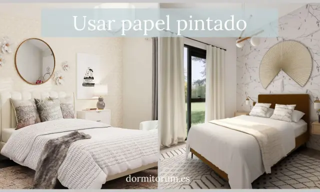 Renovar dormitorio sin cambiar muebles es fácil con papel pintado. Dos estilos de habitación con camas, espejos y lámparas.