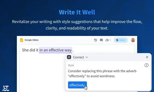 Un language tool suggerisce di sostituire "in an effective way" con "effectively" per rendere il testo più conciso.