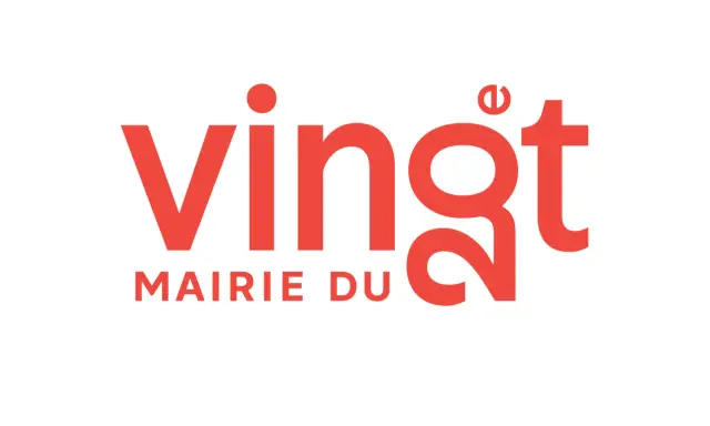 Logo rouge "vingt" avec "MAIRIE DU" en dessous. Le chiffre 20 est stylisé dans le mot "vingt".