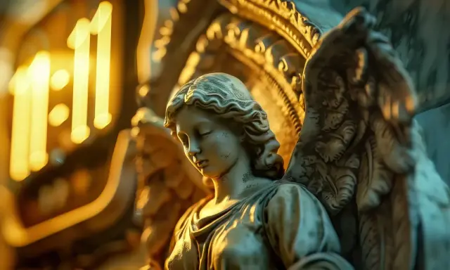 Kamienna rzeźba anioła w blasku światła. Liczba 11:11, symbolizująca 1555 znaczenie, pojawia się jako świetlisty znak.