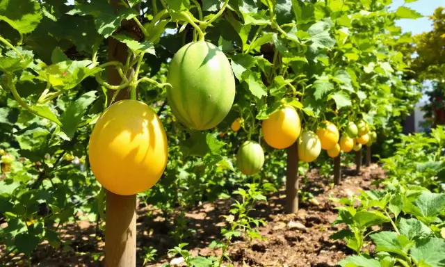Un jeune plant de melon prometteur, avec des fruits jaunes et verts suspendus à des tuteurs.
