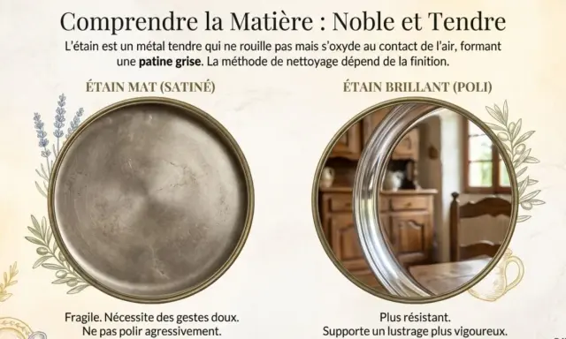 Deux finitions d'étain : mat (satiné) et brillant (poli), avec des éléments décoratifs.