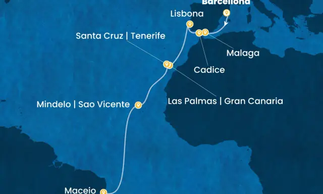 Mappa di una crociera Costa che parte da Maceio, passa per le Canarie e Capo Verde, risale fino a Lisbona e poi attracca a Barcellona.