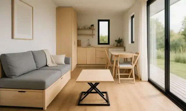 L'intérieur d'une maison container moderne avec un canapé gris, une cuisine et une table à manger. La lumière naturelle inonde la pièce par une grande baie vitrée.