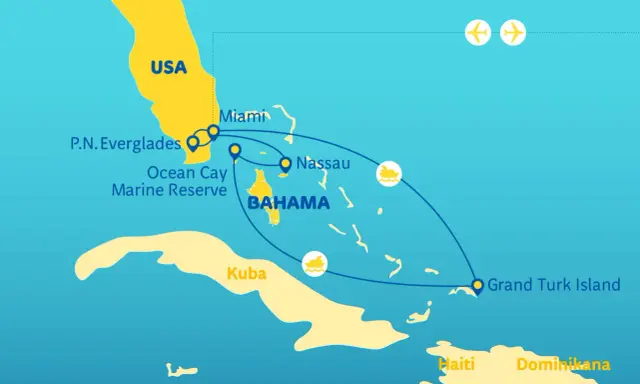 Mapa z trasą rejsu: USA (Miami, P.N. Everglades, Ocean Cay), Bahamy (Nassau), Kuba, Grand Turk Island.
