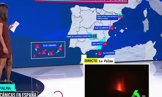 Mapa de volcanes en España, incluyendo Islas Canarias y La Palma. Muestra la situación de áreas volcánicas activas.