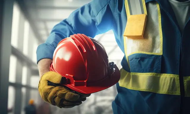 Obrero con casco rojo y guantes amarillos, listo para trabajar. Su chaleco de alta visibilidad es un material EPI esencial.