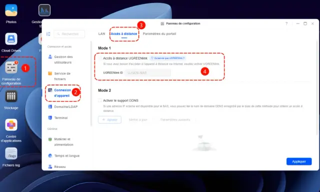Interface pour installer un NAS : accès à distance activé, configuration UGREENlink ID.