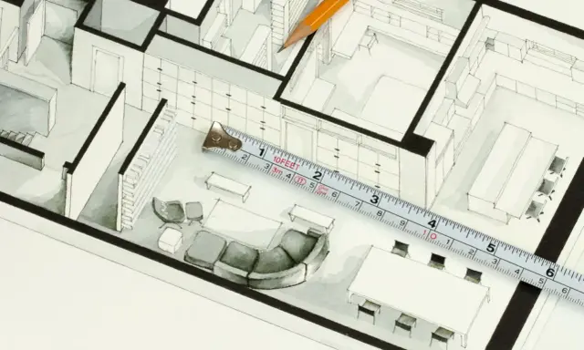 Plan architektoniczny z meblami, miarką i ołówkiem. Obliczanie powierzchni użytkowej to klucz do funkcjonalnego wnętrza.