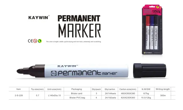 KAYWIN Permanent Marker Set. Ideal für dauerhafte Markierungen, die sich leicht entfernen lassen. Enthält drei Stifte in Rot, Blau und Schwarz.