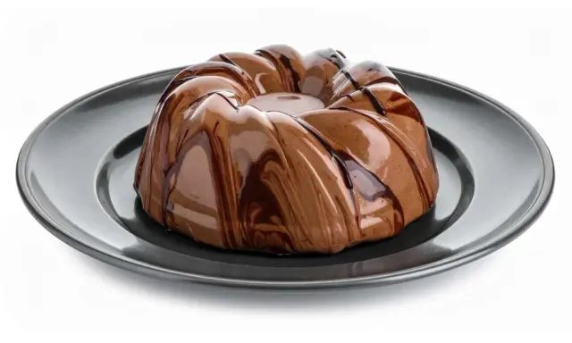 Deliziosa bavarese al cioccolato con glassatura lucida e striature di cioccolato fondente su piatto scuro.