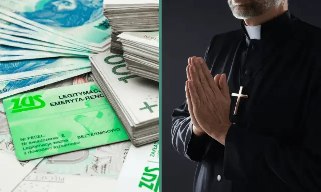 Pieniądze i legitymacja ZUS obok modlącego się księdza. Wizualizacja momentu, kiedy ksiądz idzie na emeryturę.