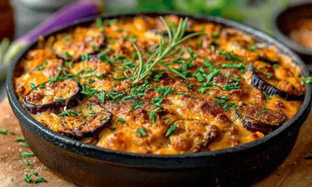 Ein köstlicher griechischer Auflauf Moussaka, mit Auberginenscheiben, Hackfleisch und Käse überbacken, garniert mit Rosmarin und Schnittlauch.