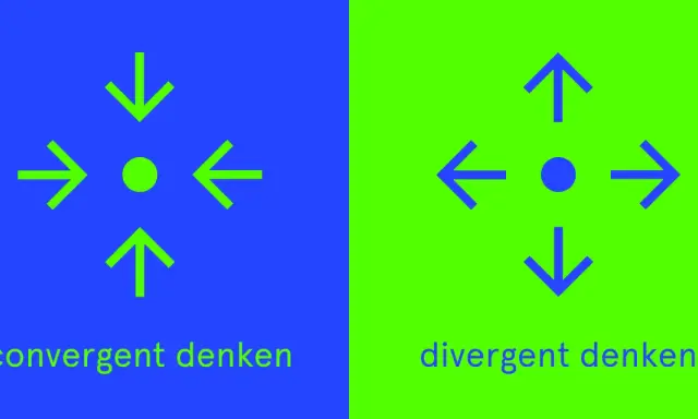 Pijlen wijzen naar een punt, wat **convergent denken** symboliseert. Tegenovergestelde pijlen wijzen weg van een punt, wat divergent denken toont.