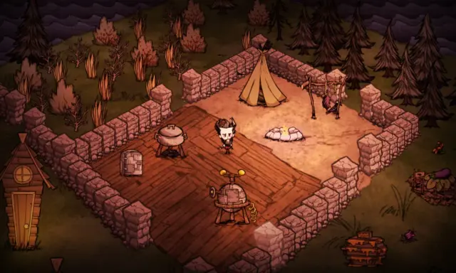 Postać w stylu gry survivalowej, otoczona kamiennym murem, z namiotem i ogniskiem. Idealne dla fanów gier podobnych do Don't Starve.
