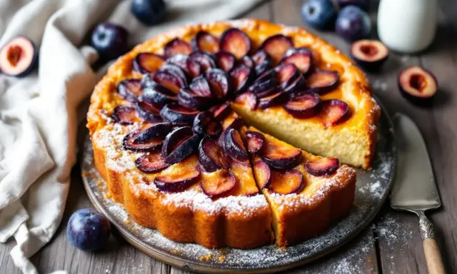 Gâteau aux prunes, saupoudré de sucre glace, avec des prunes fraîches disposées en rosace. Une part est coupée, révélant la texture moelleuse.