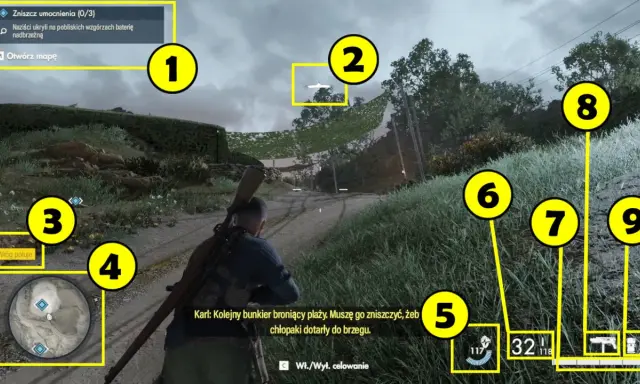 Gracz w Sniper Elite 5 niszczy umocnienia. Wskazówki na ekranie pokazują cele misji i stan amunicji, co jest kluczowe dla spełnienia wymagań gry.