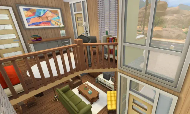 Nowoczesne meble w The Sims 4: zielona sofa, drewniany stolik kawowy i żółty puf tworzą przytulny salon.