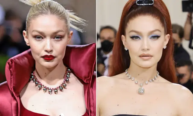 Gigi Hadid deslumbró en la Met Gala con dos looks icónicos: uno rojo vibrante y otro con un collar de diamantes.