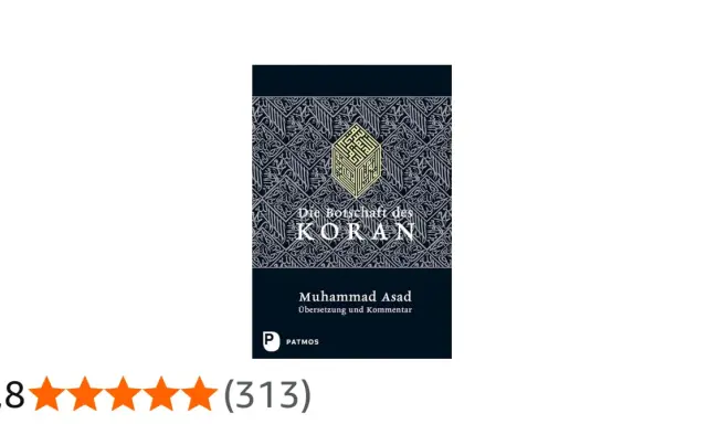 Buchcover: "Die Botschaft des KORAN" von Muhammad Asad, Übersetzung und Kommentar. Enthält kalligrafische Muster und eine Würfelform. Eine Studie über die Sure Al-Haqqah.