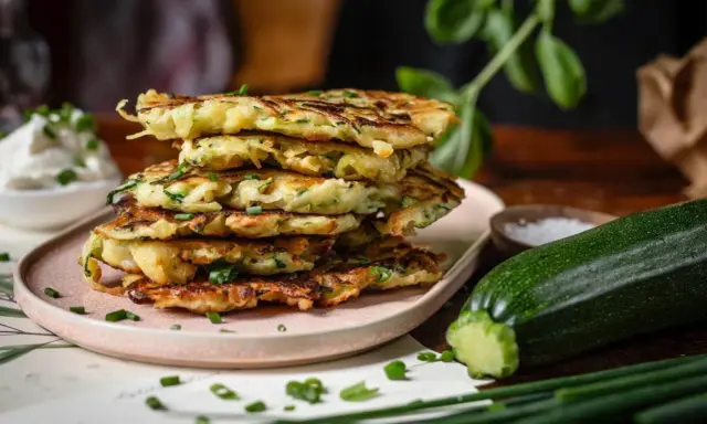 Stapel goldbrauner Kartoffel-Zucchini-Puffer, frisch aus dem Ofen, garniert mit Schnittlauch. Daneben eine Zucchini und eine Schale mit Dip.