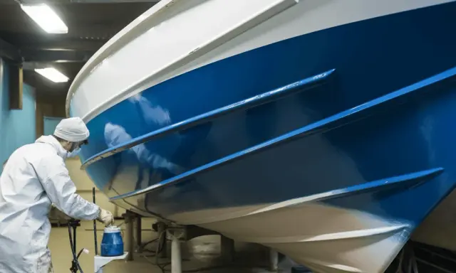Un peintre en combinaison blanche applique une peinture bleue brillante sur la coque d'un bateau dans un atelier.