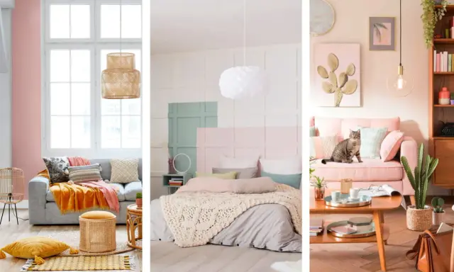 Trois scènes déco douces : salon gris et jaune, chambre pastel, salon rose avec chat. Ambiance chaleureuse couleur bois de rose.