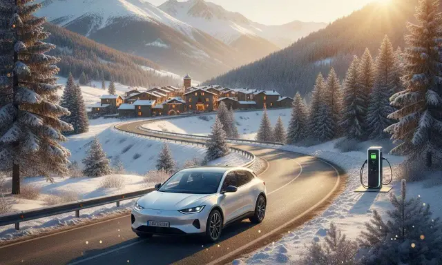 Coche eléctrico blanco en carretera nevada, listo para planificar ruta coche eléctrico. Pueblo y montañas al fondo.