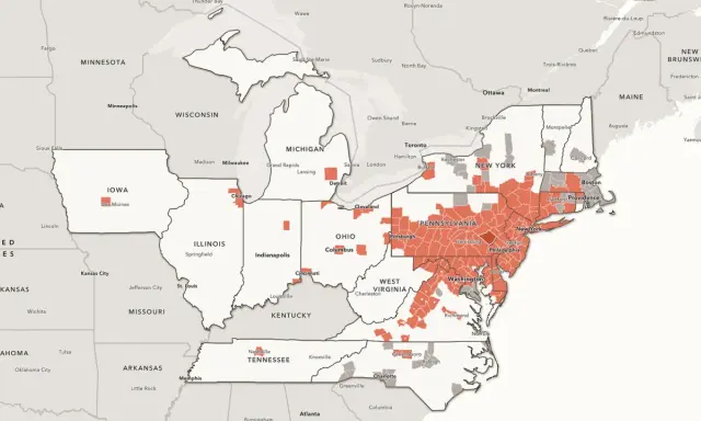 Map showing the spread of a spotted lanternfly infestation across the northeastern United States, with red areas indicating affected regions.