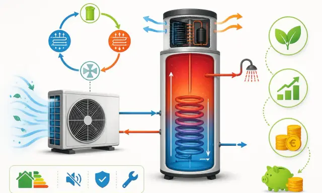Schéma d'un ballon thermodynamique montrant le cycle de l'air, le chauffage de l'eau et les économies d'énergie.