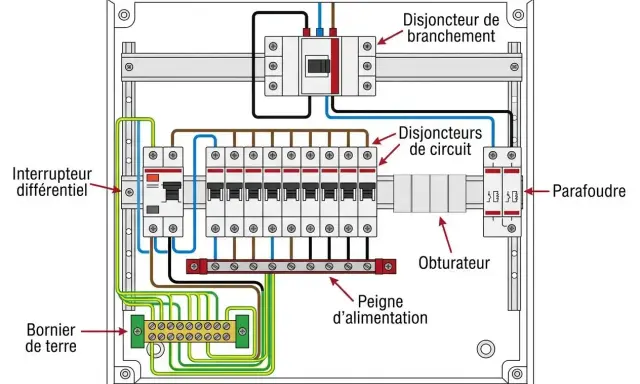Schéma détaillé du cablage tableau électrique : disjoncteurs, interrupteur différentiel, bornier de terre, parafoudre et peigne d'alimentation.