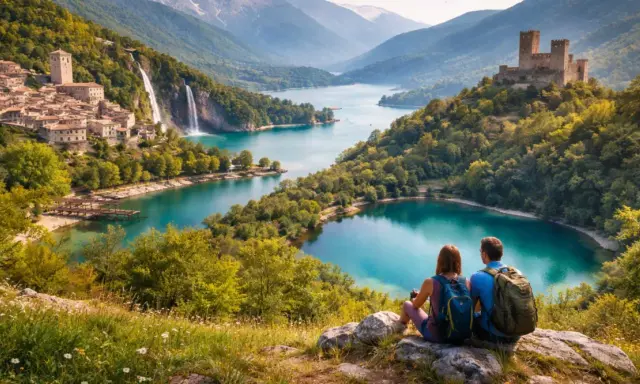 Coppia ammira un borgo con cascata e castello, perfetto per decidere dove andare a Pasquetta in Abruzzo.
