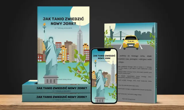 Przewodnik "Jak tanio zwiedzić Nowy Jork" z ikonami Statuy Wolności i Empire State Building.
