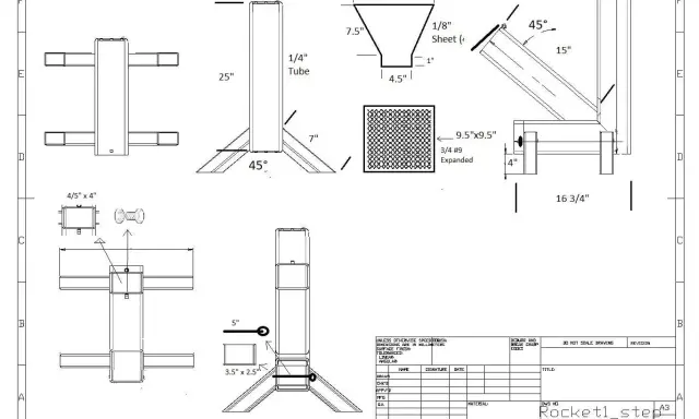 Plan détaillé d'un réchaud fusée en métal, montrant les dimensions et les pièces pour sa construction.