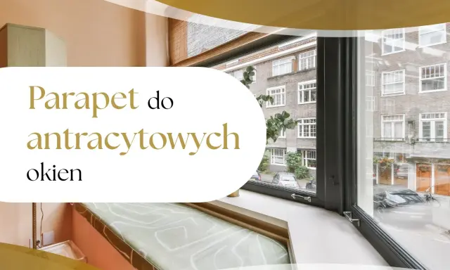 Elegancki parapet do antracytowych okien, z widokiem na kamienicę i ulicę.