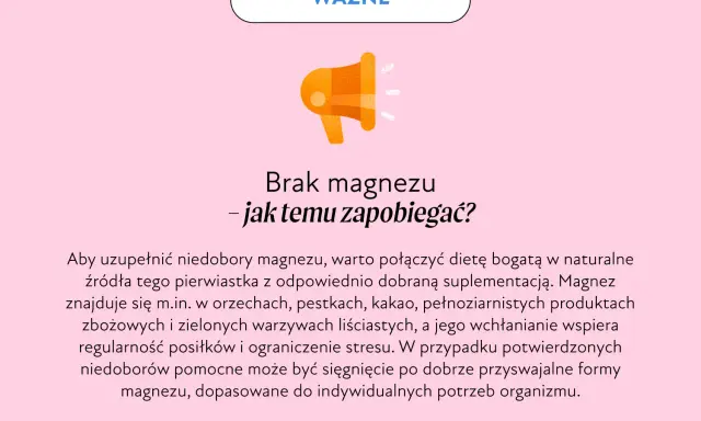 Grafika informuje o tym, jak zapobiegać niedoborom magnezu. Wskazuje na dietę bogatą w naturalne źródła magnezu i suplementację.