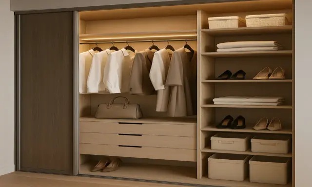 Armario empotrado moderno con ropa colgada, bolsos, zapatos y cestas organizadoras. Ideas para como hacer un armario empotrado funcional y elegante.