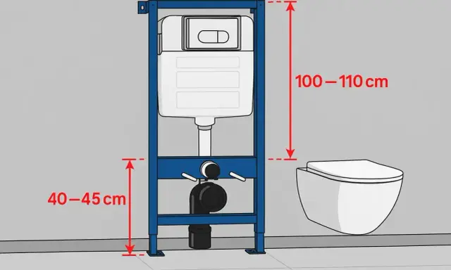 Schemat instalacji podtynkowej WC. Wymiary: 100-110 cm wysokości stelaża, 40-45 cm od podłogi do przyłącza.