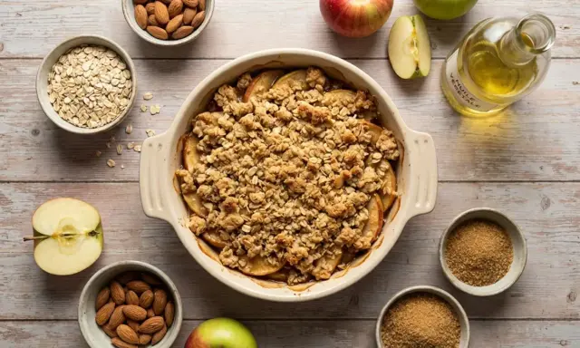 Crumble aux pommes dans un plat, entouré de pommes, d'amandes, de flocons d'avoine et de sucre brun.